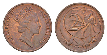 Австралия 2 цента 1985 Елизавета II (1952-2022), плащеносная ящерица, редкий год KM 79 бронза 4655-1251