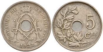 Бельгия 5 сантимов 1922 Belges KM 66 медно-никель    4598-914
