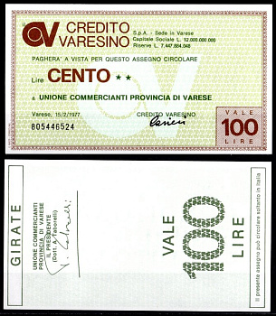 Италия 100 лир 1977 банковский чек - Credito Varesino бумага UNC (пресс) 7201-3-3