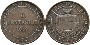 ИТАЛИЯ, ТОСКАНА 5 ЧЕНТЕЗИМО 1859 ВИКТОР ИМАНУИЛ, ВТОРОЙ ПРЕДВАРИТЕЛЬНЫЙ ВЫПУСК KM 83 медь 28-834