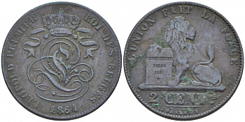 БЕЛЬГИЯ 2 САНТИМА 1864 BELGES KM 4.2 медь 4448-711