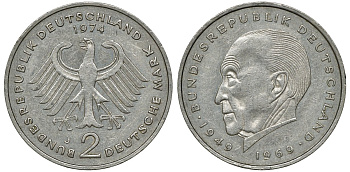ФРГ 2 МАРКИ 1974 J, КОНРАД АДЕНАУЭР KM 124, J. 406 медно-никель плакированный никелем плакированный никелем UNC 72-455