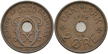 Дания 2 эре 1936 Кристиан X (1912-1947) KM 827 бронза 4147-521