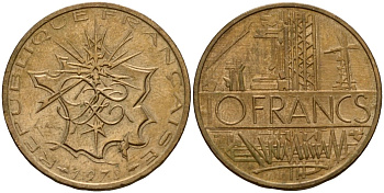 Франция 10 франков 1978 тип Матье KM 940, Le Franc 365.11-12 никель латунь 4601-415
