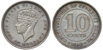 Британская Малайя 10 центов 1943 Георг VI (1937-1952) KM 4a серебро 53-251