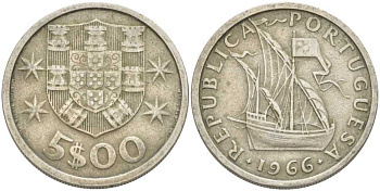 Португалия 5 эскудо 1966 парусник KM 591 медно-никель 213-251