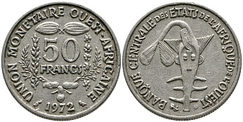 ВАЛЮТНЫЙ СОЮЗ СТРАН ЗАПАДНОЙ АФРИКИ 50 ФРАНКОВ 1972 FAO, ФЕДЕРАЦИЯ KM 6 медно-никель 4538-256