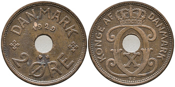 ДАНИЯ 2 ЭРЕ 1929 N; GJ, КРИСТИАН X (1912-1947) KM 827.2 бронза 28-1025