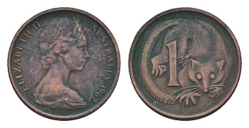 Австралия 1 цент 1967 Елизавета II (1952-2022), молодой портрет, опоссум KM 62 бронза 4655-1164