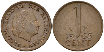 Нидерланды 1 цент 1966 Юлиана (1949-1980) large data KM 180 бронза    4598-244