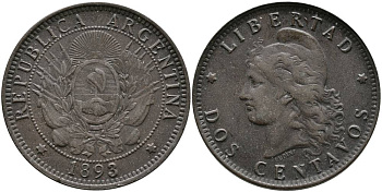 Аргентина 2 сентаво 1893 голова свободы влево KM 8 бронза 4531-1141