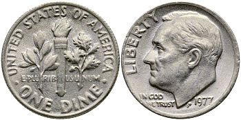 США 10 ЦЕНТОВ = 1 ДАЙМ 1977 РУЗВЕЛЬТ KM 195а медь плакированная медно-никелем 54-321