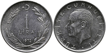 Турция 1 лира 1972 Мустафа Кемаль Ататюрк KM 889а.2 нержавеющая сталь 4364-1835