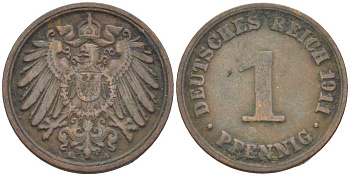 ГЕРМАНИЯ 1 ПФЕННИНГ 1911 А KM 10, J. 10 медь 201-937