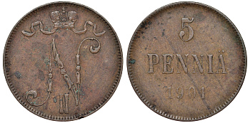 Россия для Финляндии 5 пенни 1901 Биткин 445 медь 51-1225
