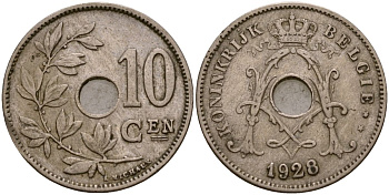 Бельгия 10 сантимов 1928 Король Альберт I (1910 - 1934) KM 86 медно-никель 190-233