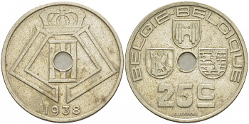 БЕЛЬГИЯ 25 САНТИМОВ 1938 BELGIE-BELGIQUE, ГЕРМАНСКАЯ ОККУПАЦИЯ, ВТОРАЯ МИРОВАЯ ВОЙНА KM 115.1 никель латунь 4529-1127