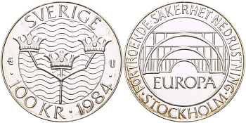 Швеция 100 крон 1984 Карл XVI Густав (1973- ), Стокгольмская конференция KM 863 серебро BUNC 413-945