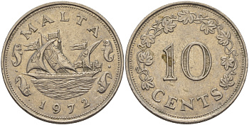 Мальта 10 центов 1972 баржа Великого магистра KM 11 медно-никель 82-532
