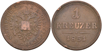 Австрия 1 крейцер 1851 B, Франц Иосиф I (1848-1916) KM 2185 медь 4586-445