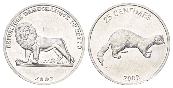 ДР Конго 25 сантимов 2002 Животные - Ласка KM 76 алюминий UNC 4618-543