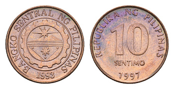 Филиппины 10 сентимо 1997 KM 270 сталь плакированная медью UNC 4396-954