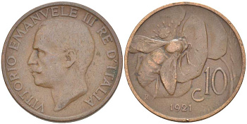 ИТАЛИЯ 10 ЧЕНТЕЗИМО 1921 R, МОНДВОР РИМ, ВИКТОР ЭММАНУИЛ III (1900-1946) KM 60 медь 4525-237