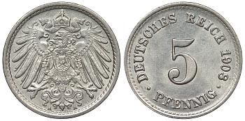 Германия 5 пфеннигов 1908 A KM 11, Jager 12, Weege 6 медно-никель UNC 71-1048