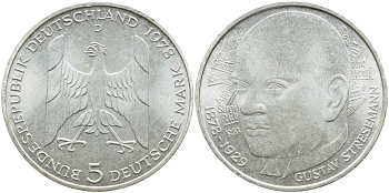 ФРГ 5 марок 1978 D, 200 лет со дня рождения Густава Штреземана J. 422, KM 147 серебро UNC 4394-114