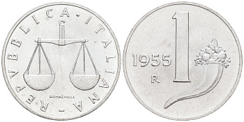 Италия 1 лира 1955 R, весы KM 91 алюминий  UNC  4594-152