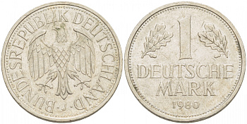 ФРГ 1 МАРКА 1980 J KM 110 медно-никель 3718-1214