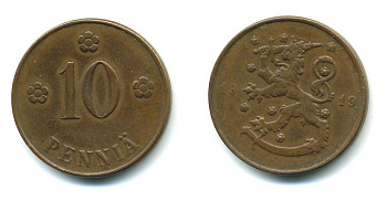 Финляндия 10 пенни 1919 KM 24 медь 41-215