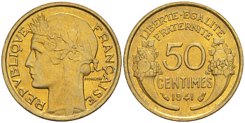 Франция 50 сантимов 1941 тип Морлон KM 894.1, Le Franc 192.18 алюминиевая бронза 44-362