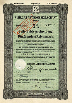 Германия 500 рейхсмарок 1939 Акционерное общество Рургас Эссен, 5% -ное частичное долговое обязательство с маркой конвертации под 4% -ную процентную ставку, облигация   бумага   8801-58-1