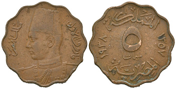 Египет 5 миллим 1938 AH 1357, Фарук (1936-1952) KM 360 бронза 4611-1258