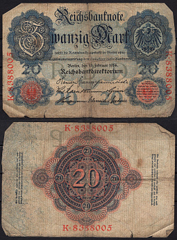 Германия 20 марок 1914 Pick 46b бумага 8592-45-3-1