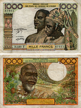 ВАЛЮТНЫЙ СОЮЗ СТРАН ЗАПАДНОЙ АФРИКИ, ТОГО 1000 ФРАНКОВ 1959-1965 ПОДПИСЬ 12, БУКВА Т Pick 803Тn бумага 8592-23-3-1