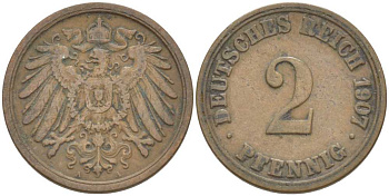 ГЕРМАНИЯ 2 ПФЕННИГА 1907 A KM 16, J. 11, Weege 4 медь 212-331