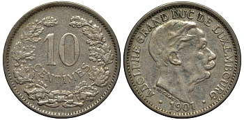 ЛЮКСЕМБУРГ 10 САНТИМОВ 1901 ВЕЛИКИЙ ГЕРЦОГ АДОЛЬФ (1890-1905) КМ 25 медно-никель 4538-657