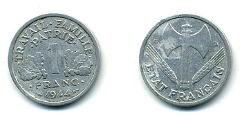 ФРАНЦИЯ 1 ФРАНК 1944 С, ТИП LEGERE, ПРАВИТЕЛЬСТВО ВИШИ KM 902.2, LE FRANC 223.7 алюминий 84-442