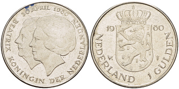 Нидерланды 1 гульден 1980 на коронацию Беатрикс, 30 апреля 1980 KM 200 никель 31-827