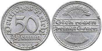 ГЕРМАНИЯ 50 ПФЕННИГОВ 1921 A KM 27, J. 301 алюминий 24-1033