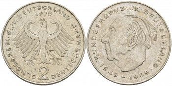 ФРГ 2 МАРКИ 1979 J, ТЕОДОР ХОЙС KM 127, J. 407 медно-никель плакированный никелем 3718-1023