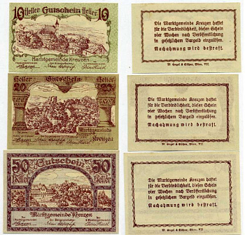 Австрия, Бад-Кройцен набор из 3 банкнот 10, 20, 50 геллеров 1920 нотгельд, коммуна в Верхней Австрии   бумага  UNC (пресс) 7555-22-2-1
