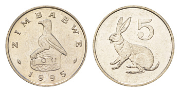 Зимбабве 5 центов 1995 рыжий кролик KM 2 медно-никель UNC M65-12