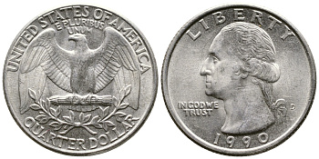 США 25 центов = квотер 1990 D, Вашингтон KM А164а медь плакированная медно-никелем 259-1222