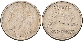 Норвегия 50 эре 1968 Улаф V (1957-1991), собака KM 408 медно-никель 4582-716