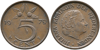 Нидерланды 5 центов 1979 Юлиана (1948-1980) KM 181 бронза 65-1234