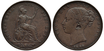 Великобритания 1 фартинг 1843 Виктория (1837-1901) KM 725, Spink 3950 медь 106-746