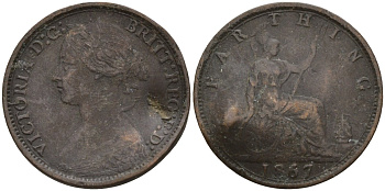 Великобритания 1 фартинг 1867 Виктория (1837-1901) KM 747.2, Spink 3958 бронза 4596-931